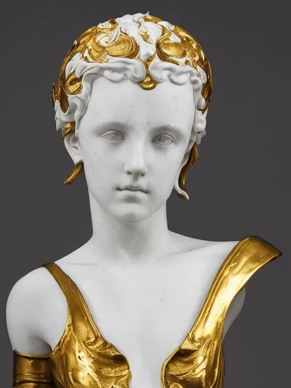 Image similar to a white art nouveau marble and gold head and torso sculpture of a worried young millie bobby brown with long, flowing hair, wearing intricate gold plate armor on her chest, delicate, intricate, smooth, beautiful, by charles van der stappen