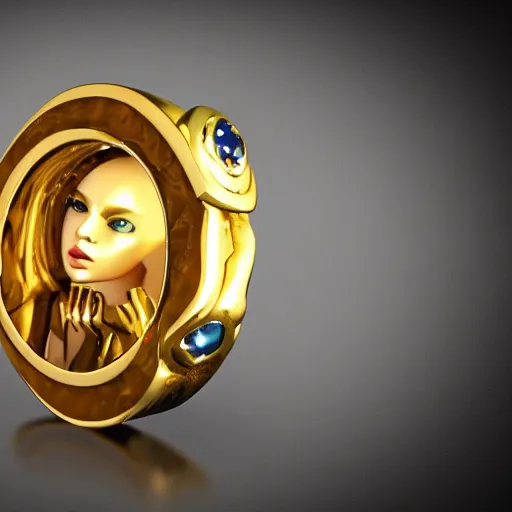 Image similar to complex golden ring with cameo and gems of a torso with a cyberpunk style, 8k, details, studio lighting, realism