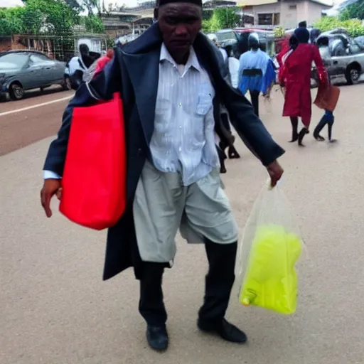 Prompt: thief carrying bag of money in the style of john muafangejo