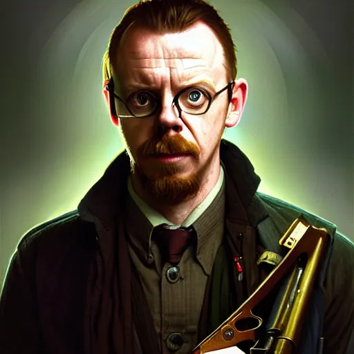 Image similar to portrait of simon pegg in the london of suburbs, winchester rifle, zombie apocalypse, joyful smirk, intricate, elegant, highly detailed, digital painting, artstation, concept art, matte, sharp focus, illustration, art by artgerm and greg rutkowski and alphonse mucha