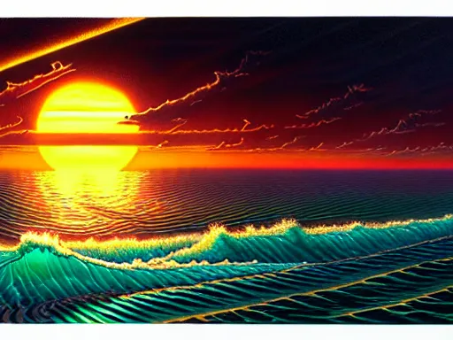 Prompt: the sun rising just above the horizon over the sea by dan mumford and tim hildebrandt and donato giancola and ted withers and peter driben and greg rutkowski and roberto ferri, green water, synthwave, retrowave, highly detailed, high contrast, intricate details, blended palette, trending on art station, stunning visuals, creative, cinematic