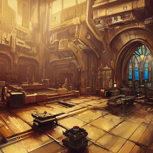 Prompt: detailed painting of bladerunner interior room with celestial ornaments and gothic architecture, artstation, ian mcque, cinematic