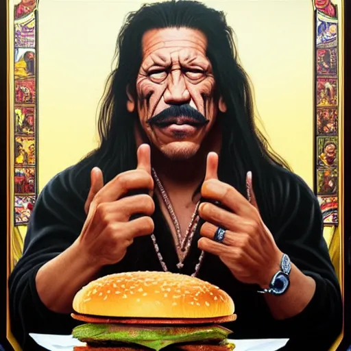 Prompt: black velvet painting of danny trejo eating hamburgers, advertising billboard, extra onions and ketchup, luscious patty with sesame seeds, ethereal, holy sacred light rays, handsome, D&D, fantasy, intricate, elegant, highly detailed, art by Artgerm and Greg Rutkowski and Alphonse Mucha