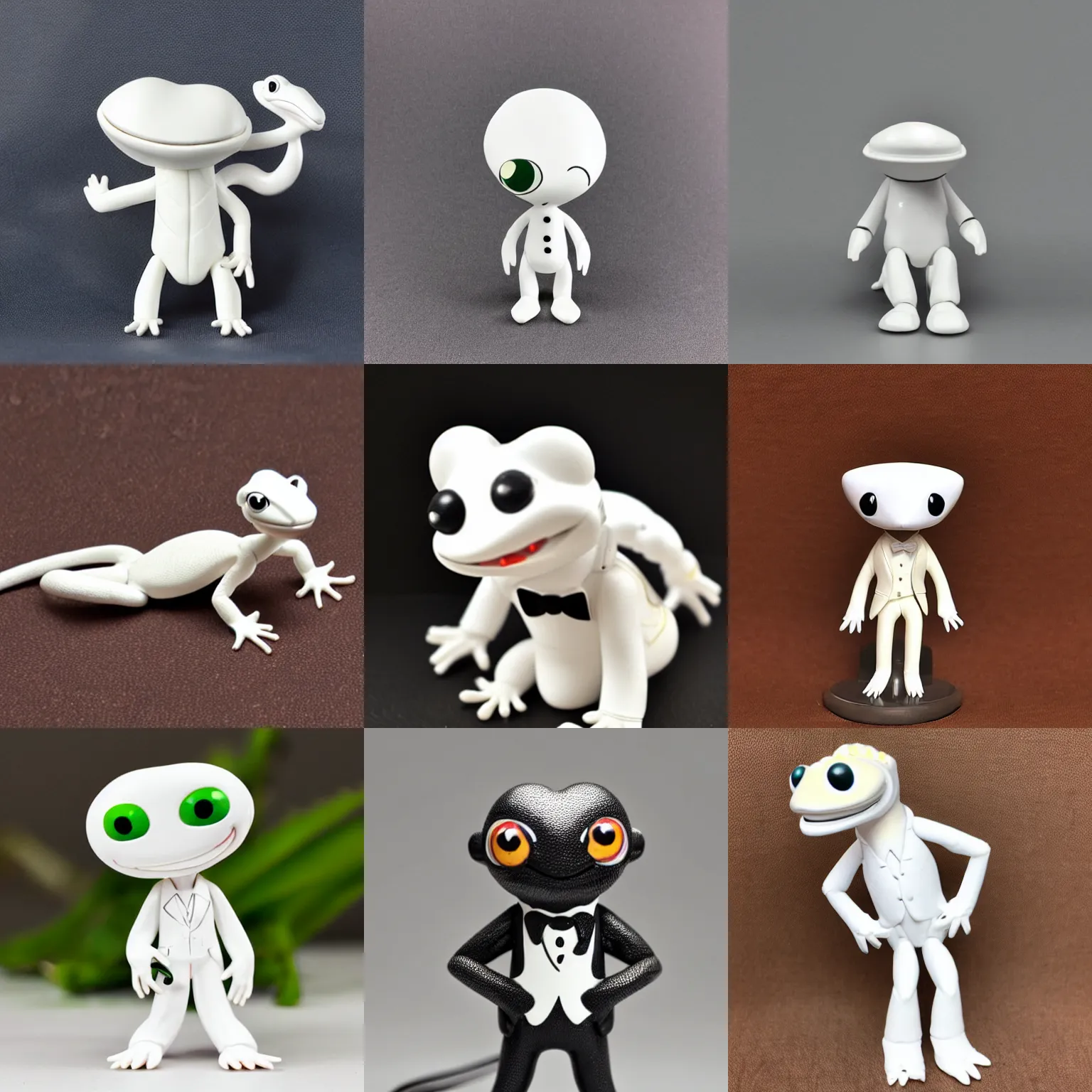 Prompt: Anthro gecko in a white tuxedo, vinyl toy figurine