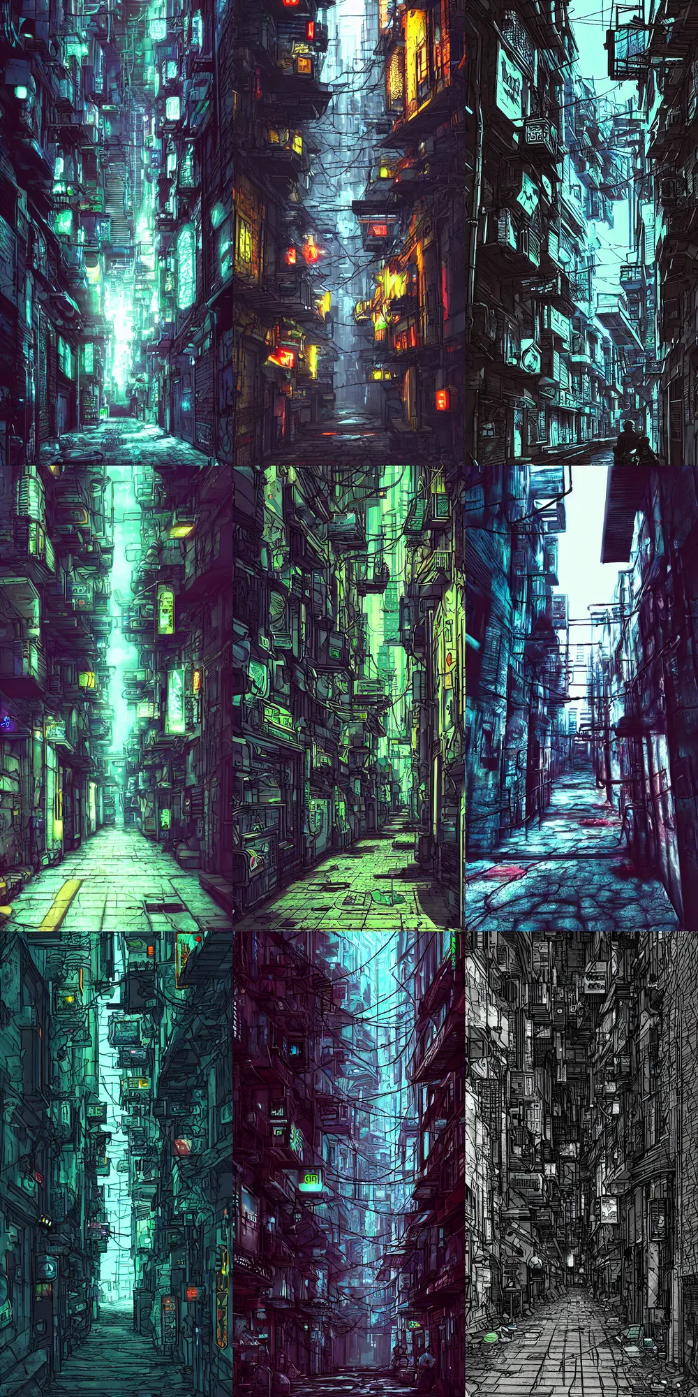 Prompt: cell shaded cyberpunk alley