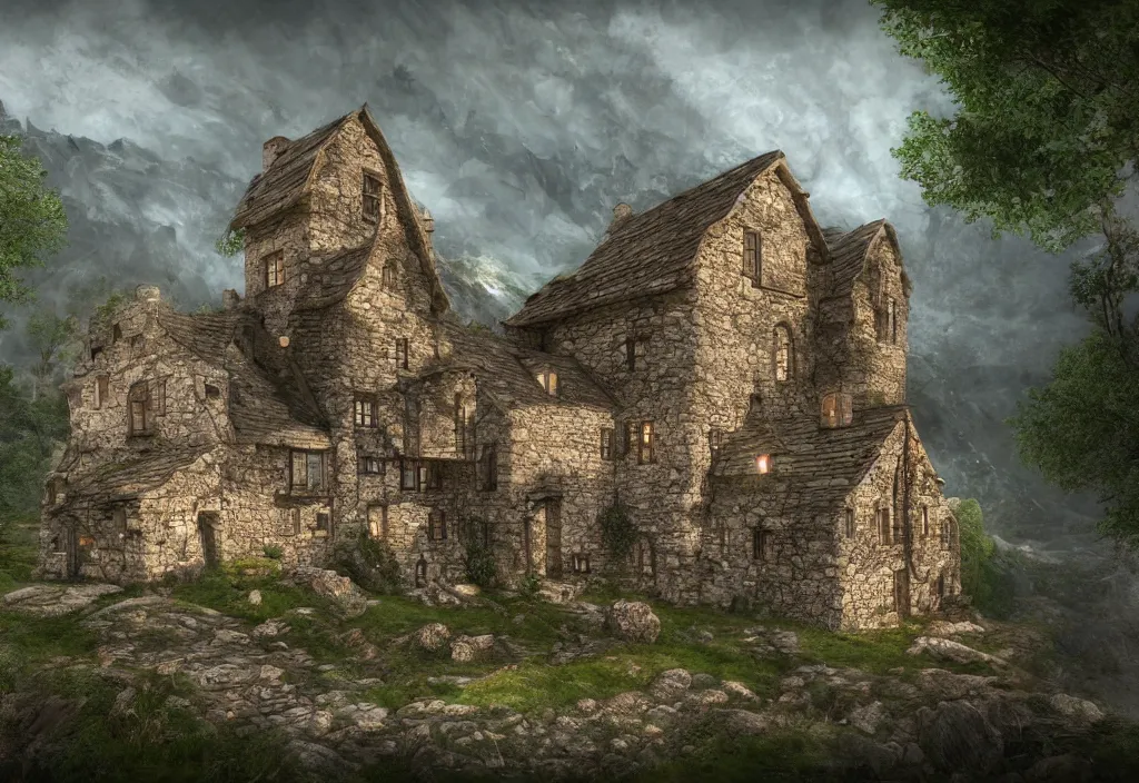 Image similar to a medieval stone house in a mountain near a river, extremely highly detailed, high quality, 8k HDR, trending on Artstation, concept art, cinematic lighting, DeviantArt, cartoon, anime style