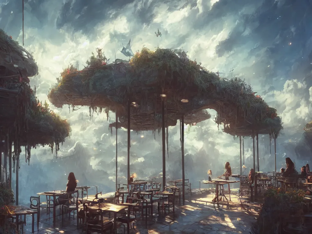 Image similar to cafe made of clouds, fantasy, artwork, aesthetic, calming, hd, hdr, ue5, ue6, unreal engine 5, cinematic, 4k wallpaper, 8k ultra, by Greg Rutkowski and Jesper Ejsing and Raymond Swanland and alena aenami, featured on artstation, wide angle