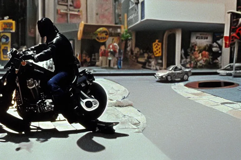 Image similar to beautiful hyperrealism three point perspective film still of Keanu Reeves as neo in bullet time aiming at agent smith in a nice oceanfront promenade motorcycle chase scene in Matrix meets ronin(1990) extreme closeup portrait in style of 1990s frontiers in translucent porcelain miniature street photography fashion edition,, tilt shift style scene background, soft lighting, Kodak Portra 400, cinematic style, telephoto by Emmanuel Lubezki