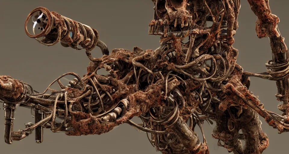 Prompt: Techno-biological rusty rifle consisting of tumors, veins, muscles, bones, kidneys, wires. Biopunk, body-horror, high detail, photorealism, full length view, very rust, concept art, octane render, 8k