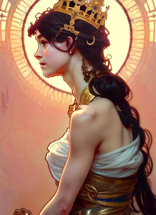 Image similar to hannah owo as queen, incredibly detailed face, pretty face, light dress, true anatomy, art by artgerm and greg rutkowski and alphonse mucha