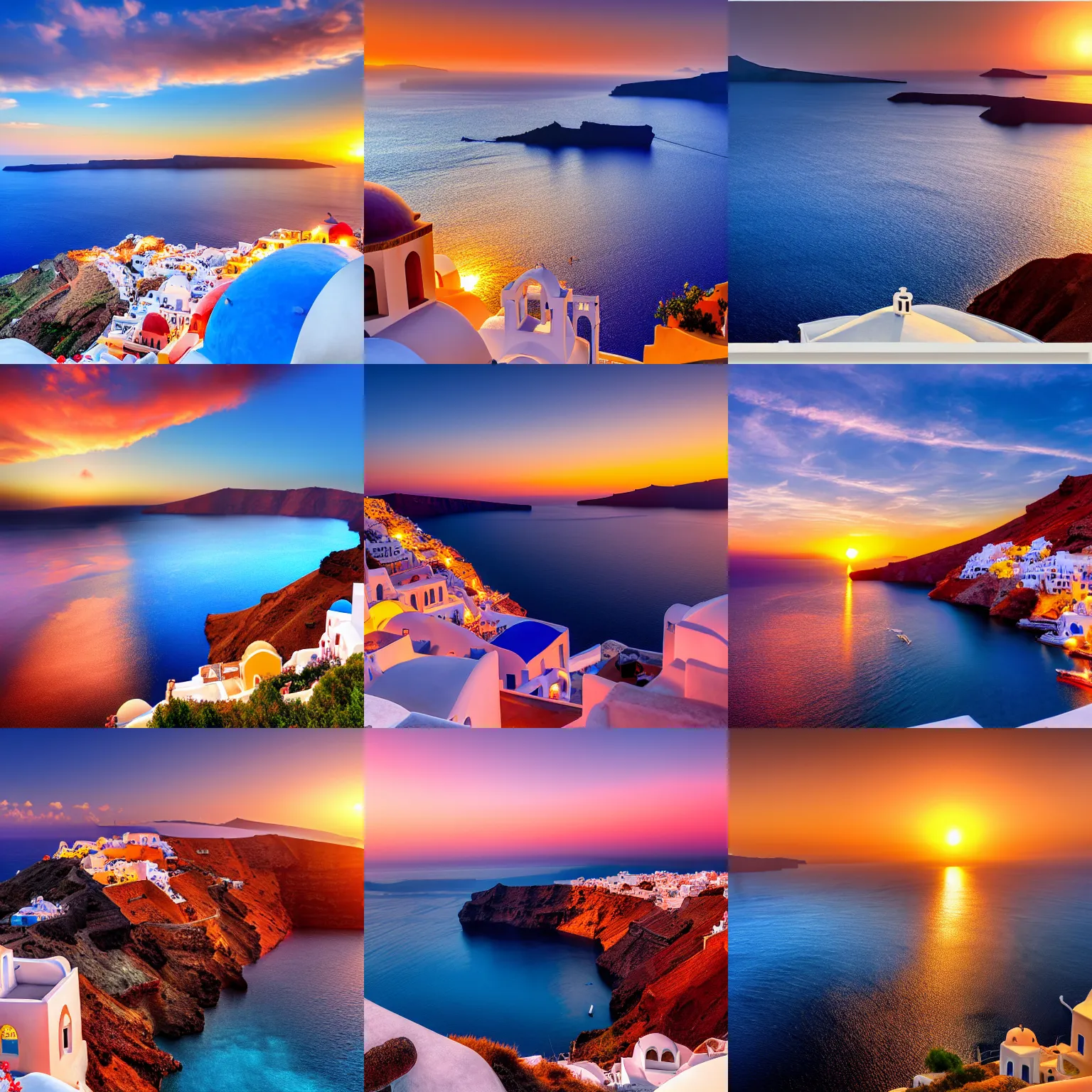 Prompt: a sunset view of the greek coast, santorini island, realistic photo, detailed, 8k, 4k, 8k photo, realistic