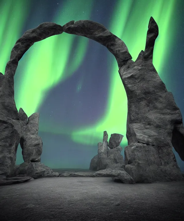 Prompt: portal to another dimension, stone archway, aurora borealis, mysticism, photorealistic, fog, symmetrical