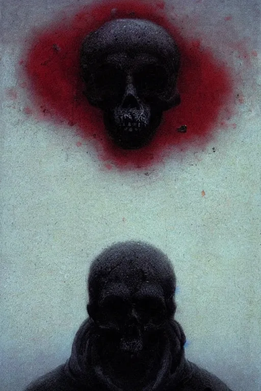 Image similar to portrait of sad man whose half face is black skull, red ash floating, dust particles, dark atmosphere, lovecraftian, event horizon, painting by beksinski