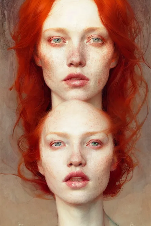 Image similar to of beautiful redhead female, beauty portrait by greg rutkowski, hilma af klint, moebius, victo ngai, sharp focus, global illumination, highly detailed, masterpiece, award winning, post processing