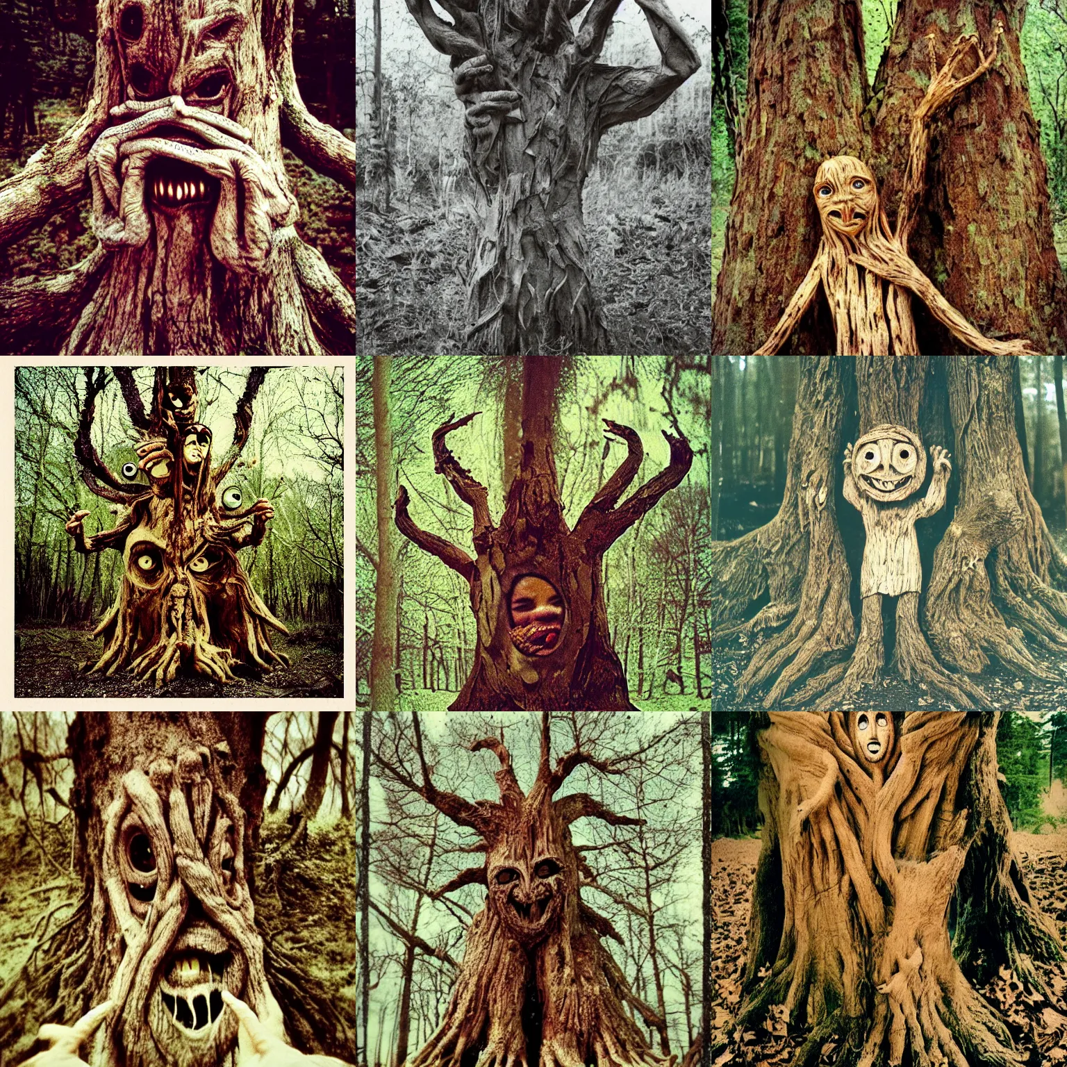 Prompt: a terrifying tree monster with distorted faces made of bark, eating mushrooms, lovecratftian horror, pans labyrinth, shot on expired instamatic film