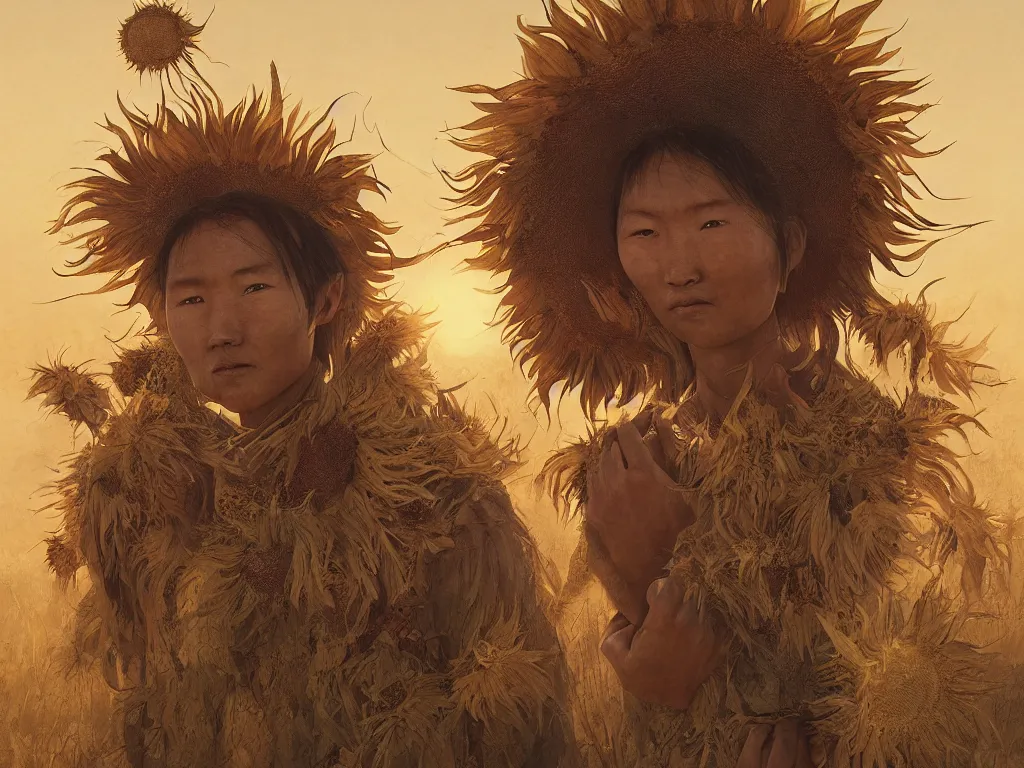 Prompt: a portrait of the mighty sunflower people, a nomadic mongolian tribe that follows the sun in a vast barren valley full of withered helianthus, and build huts using dry roots, by Greg Rutkowski, Sung Choi, Mitchell Mohrhauser, Maciej Kuciara, Johnson Ting, Maxim Verehin, Peter Konig, Bloodborne, macro lens, 35mm, 8k photorealistic, cinematic lighting, HD, high details, atmospheric