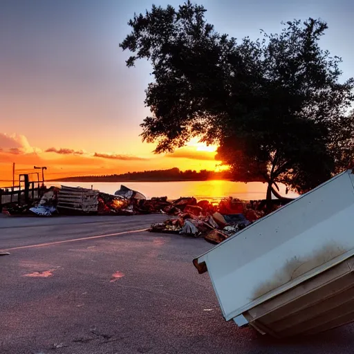 Image similar to a beautiful sunset over a dumpster on fire, landscape photography, award - winning, amazing details,