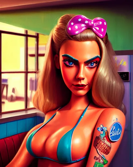 Image similar to closeup profile face profile portrait of a tin toy cara delevigne as a waitress in a diner, bikini, hyper realistic, artstation, illustration, concept art by dan decarlo, digital paint, matte paint, vivid colors, bright, cheerful, detailed and intricate environment