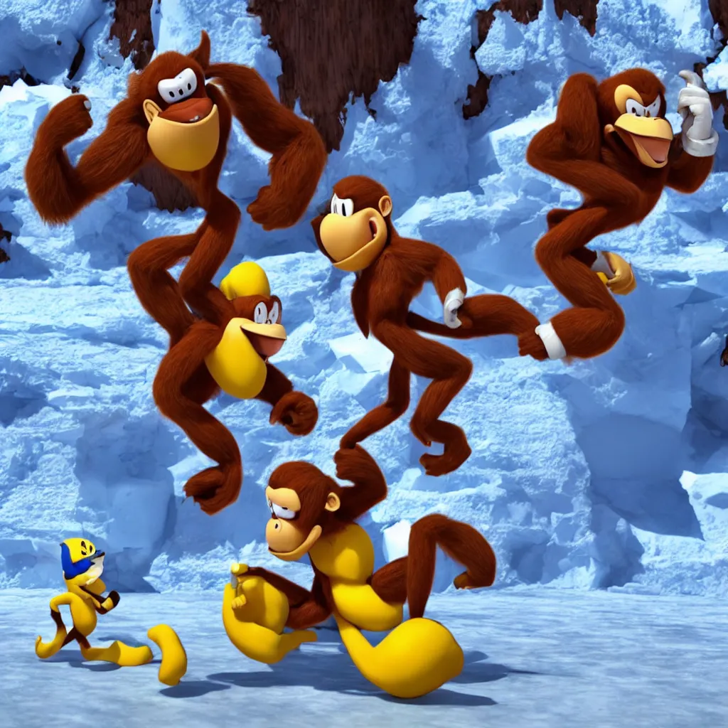 Prompt: donkey kong eating a banana in antarctica fighting sonic the hedgehog, unreal engine, 4 k, ray - tracing,