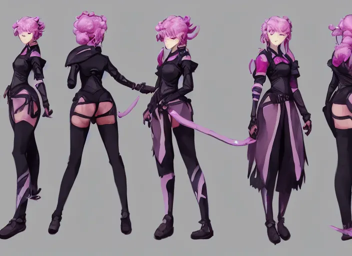 Image similar to character sheet for a beautiful and cute girl for genshin impact by greg rutkowski, black to light pink fade hair, genshin impact style, ghibli, fashion design, overwatch style, sorcerer magic witch, digital art, trending on artstation, hd, 8 k, highly detailed, good lighting, beautiful, masterpiece