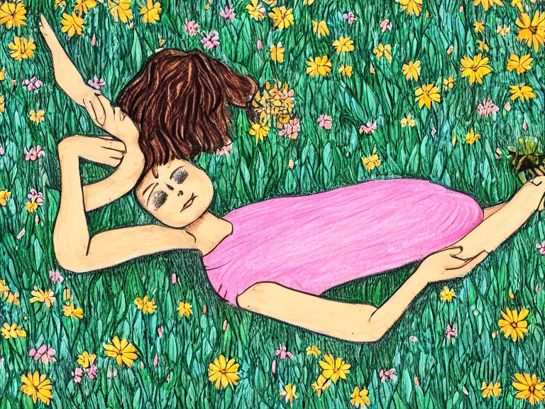 Prompt: drawing of girl laying down in the lawn full of flowers that smells like honey amongst forest with her soul connected to the nature around her