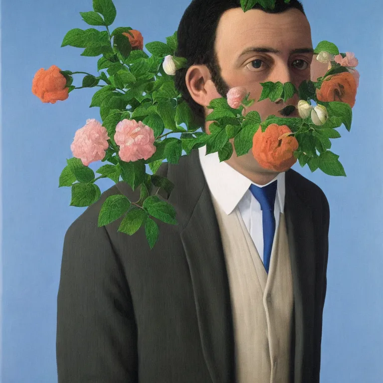 Image similar to portrait of man in a suit with flowers hiding his face by rene magritte, detailed painting, hd, hq, high resolution, high detail, 4 k, 8 k