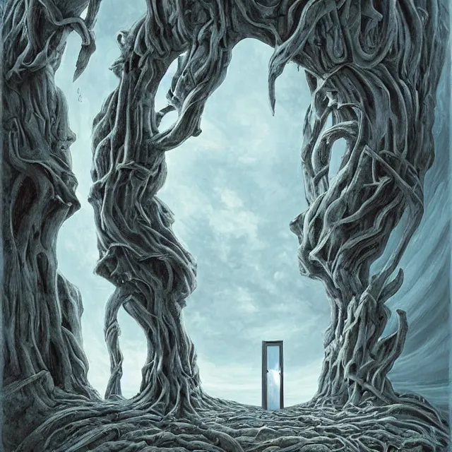 Image similar to a normal doorway leading to an endless twisting inverted nightmare landscape, rhads!, strange trees and clouds, a hooded figure, a lone adventurer, ( h. r. giger )