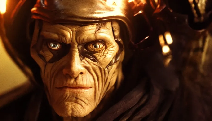 Image similar to Willem Dafoe as a Sith Lord, cinematic lighting, close-up, cinematography