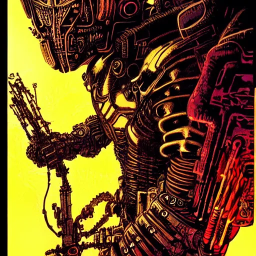 Image similar to cyberpunk knight, atmospheric lighting, painted, intricate, golden hour, ultra detailed by philippe druillet