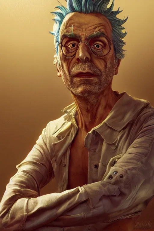 Image similar to cinematic portrait of Rick Sanchez. Centered, uncut, unzoom, symmetry. character illustration. Surreal render, ultra realistic, zenith view. Polished. Inspired by patricio clarey, heidi taillefer scifi painter glenn brown. Extremely ornated. artstation, cgsociety, unreal engine, ray tracing, detailed illustration, hd, 4k, digital art, overdetailed art. Dslr, tiltshift, dof. 64megapixel. complementing colors. Trending on artstation, deviantart,