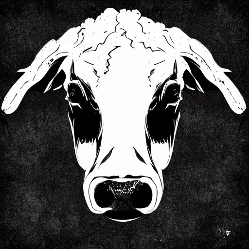 Image similar to antichrist, cow, pig, sheep, chicken, white on black vector ink drawing