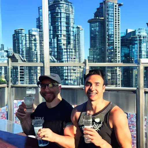 Prompt: squirtle squad sharing a beer at a bar with the vancouver skyline in the background