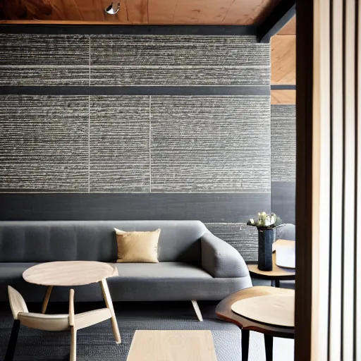 Prompt: lounge and dining room, stone, interior design, stylish luxury hotel living room design, yakisugi, black vertical slatted timber, textures, feminine, black walls, art, Japanese pottery vase with flowers, kakejiku, seasonal, Japanese influences