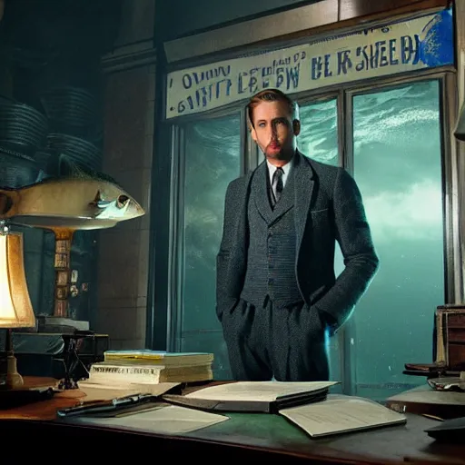 Image similar to a highly detailed cinematic photo from a live - action bioshock movie. andrew ryan, portrayed by ryan gosling, is shown standing in a 1 9 3 0's office with a large desk in front of a floor - to - ceiling window looking out onto the underwater city of rapture shining in the distance, several fish are shown outside of the window