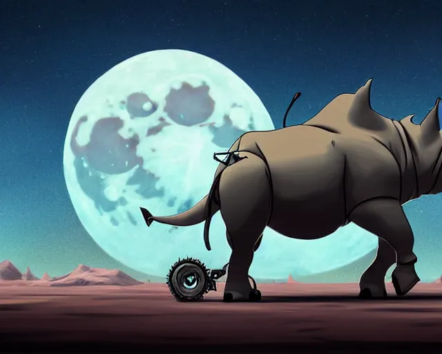 Image similar to a cell shaded cartoon of a lovecraftian mechanized rhino on a desert road, in front of a big moon. illustration, wide shot, very dull muted colors, post grunge, studio ghibli, highly detailed, sharp focus, trending on artstation, hq, deviantart, art by artgem
