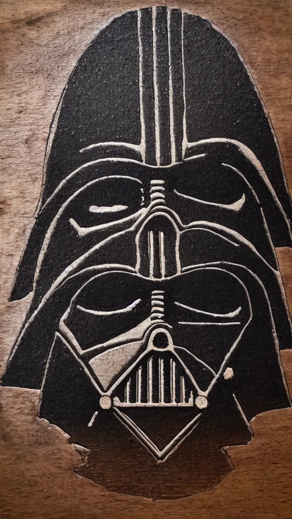 Image similar to a portrait of darth vader burned into a slice of a log. in the style of a wood burned etching. color harmony, 8 k detail, gallery quality, hd wallpaper, premium prints available, hyper - detailed, intricate design.