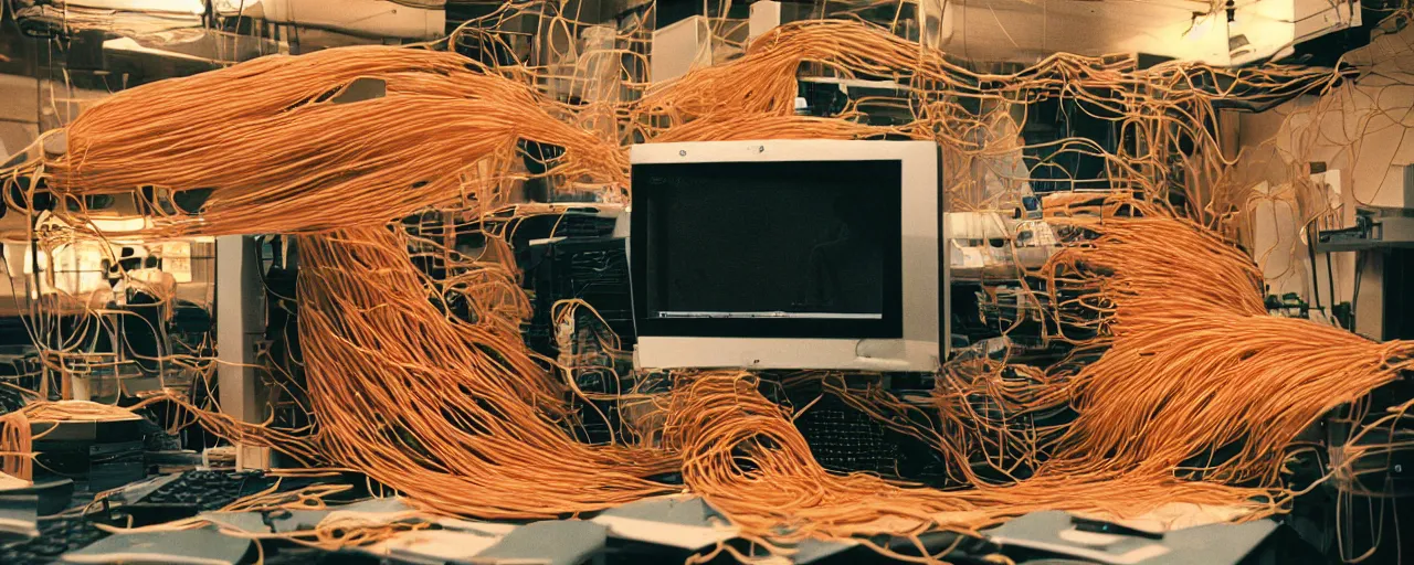 Image similar to a computer made out of spaghetti, inside a blockbuster vieo, cinematic lighting, photography, retro, film, kodachrome