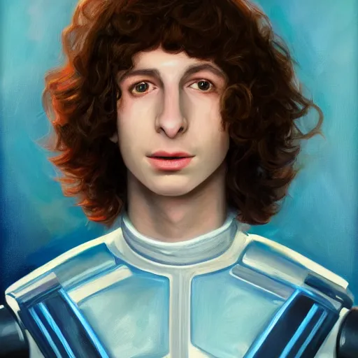 Prompt: a portrait of finn wolfhard as a robot, oil painting, pale colors, high detail, 8 k, wide angle, trending on artstation,