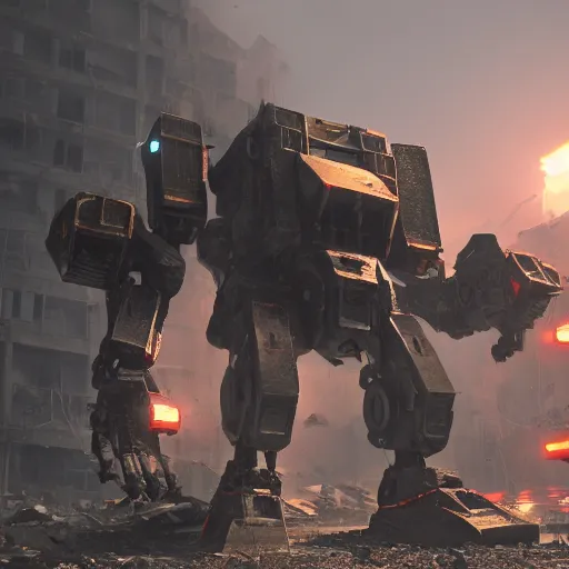 Image similar to mech from mechwarrior walking through a destroyed city, 8 k render trending on artstation, volumetric light, intricate detail