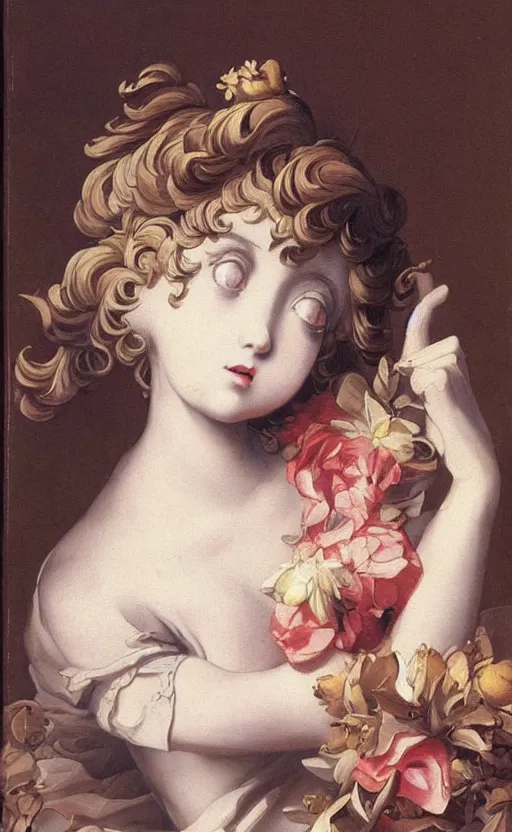 Prompt: a painting of a anime figurine girl with baroque wig, flemish baroque, neoclassicism, flowers