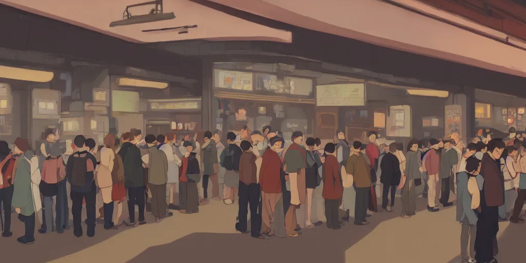 Image similar to queue at a ticketing counter in an old cinema, early morning, detailed matte painting, low angle view, telephoto lens, bokeh, studio ghibli, artstation