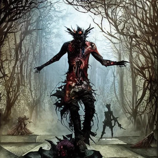 Image similar to fantasy painting with a tattooed punk rock zombie male in a surreal magical environment by Greg Rutkowski and Michael Whelan w 1024