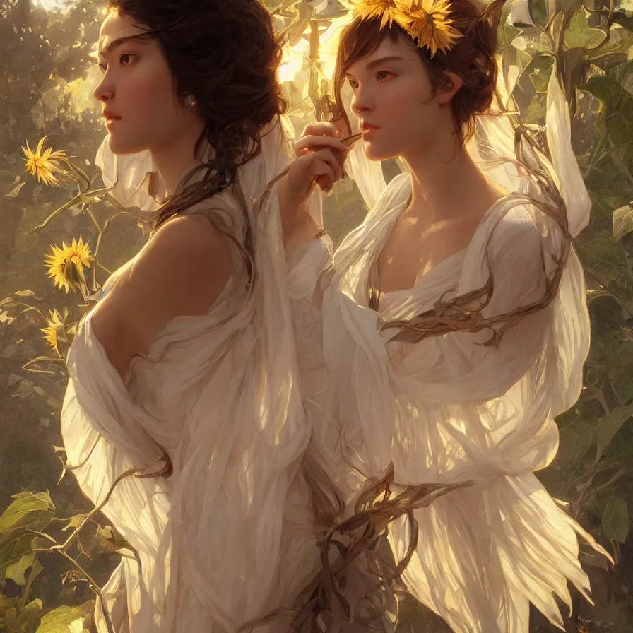 Prompt: portrait of white sunflower goddess with east-asian facial features, highly detailed, digital painting, artstation, concept art, sharp focus, illustration, art by artgerm and greg rutkowski and alphonse mucha