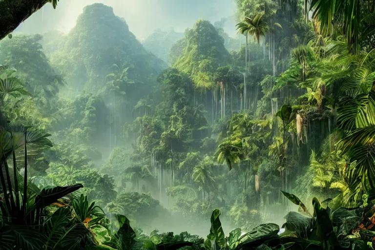 Image similar to exotic tropical jungle, concept art, matte painting, 4k , clean post process, film still, style by raphael lacoste, eddie mendoza, alex ross