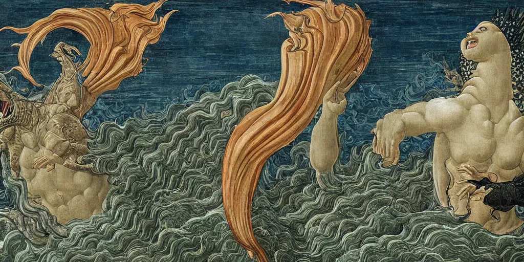 Image similar to godzilla emerging from the seas by sandro botticelli, painting