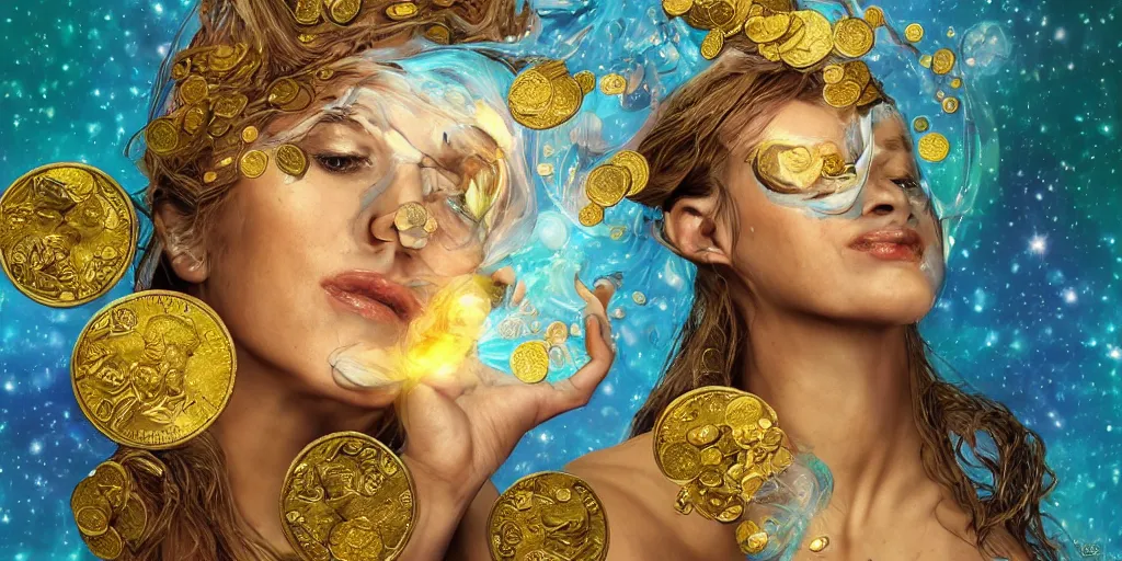 Image similar to astral _ head _ spit _ open _ at _ bottom _ spilling _ out _ coins _ out _ top. _ each coin side is a window to different universes by _ yvonne _ mcgillivray _ by _ mandy _ jurgens _ by _ michael _ divine _ god _ powerful _ eyesglow.