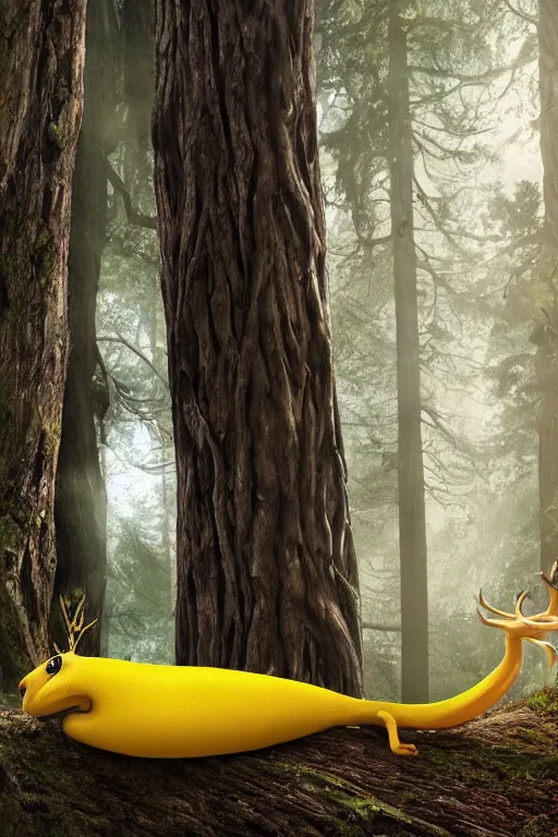 Prompt: A brilliant yellow banana slug with deer antlers, poised magnificently on a tree stump deep in a redwood forest, magical, deep woods, octane render, 8k,realism, insanely detailed, intricate, natural lighting, illustrated by Mizuri AU and Soufiane Idrassi and BONDARTS and Tomasz Alen Kopera and Klaus Wittmann and Deathburger and Daniel Romanovsky and Aku, Trending on artstation, artstationHD, artstationHQ, 4k, 8k