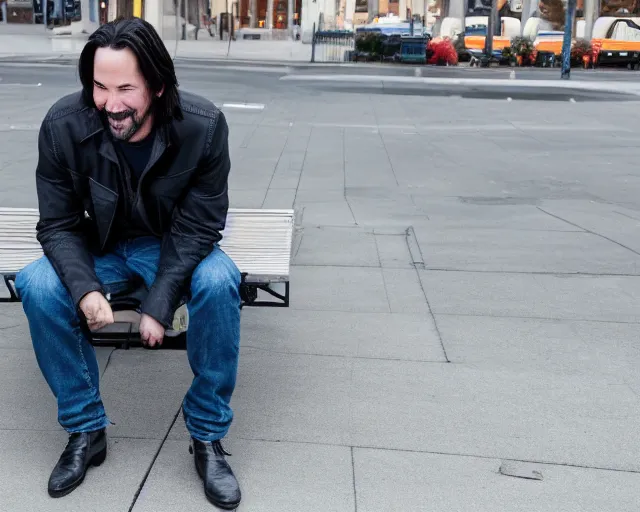 Image similar to 5 5 mm photo of happy keanu reeves in blue jeans and black jacket sitting on a bench in the street. dof. lifelike. ultra detailed. intricate. soft light. nikon d 8 5 0.