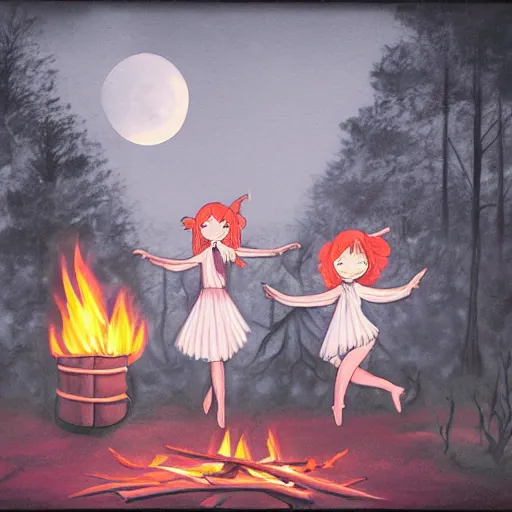 Prompt: three witches dancing while flying by a campfire in the middle of a gloomy forest, painted with gray and warm tones cute anime