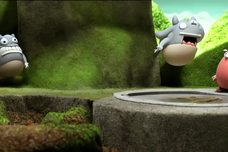 Prompt: stop motion film by Aardman Animation, totoro stalks his prey in the dank sewer